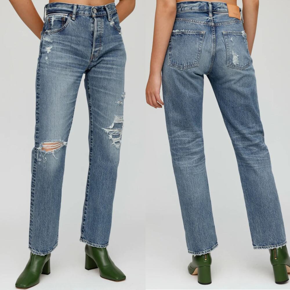 Moussy Vintage Plymouth Straight Blue High Rise Distressed Jeans Women's Size 28